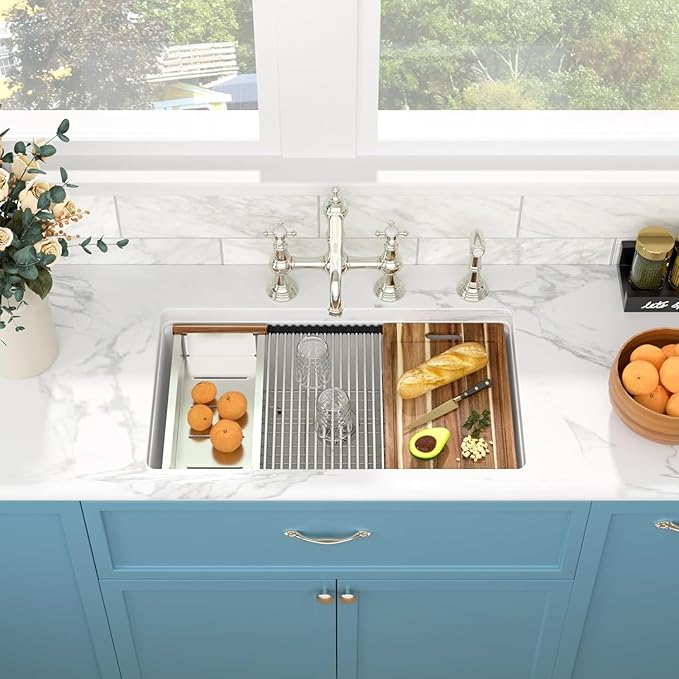 Sarlai Granite Composite Kitchen Sink - 32 x 19 Inch Granite Undermount Kitchen Sink Ledge Workstation 32 Inch Under-Mount White Quartz Classic Single Bowl Sinks Under Counter Basin With Accessories