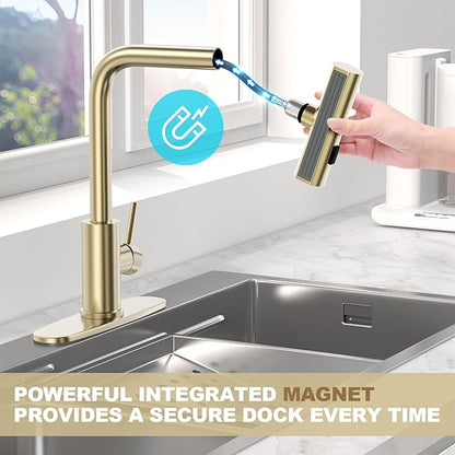 AVSIILE Brushed Gold Waterfall Kitchen Faucets with Pull Down Sprayer & Soap Dispenser, Single Hole & Handle, Pull Out Tap, Stainless Steel Sink Faucet, Suitable for Farmhouse Camper Laundry Rv Bar