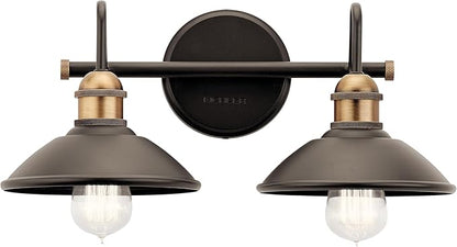 Kichler Clyde 2-Light Bathroom Vanity Light Fixture with Vintage Industrial Design in Olde Bronze, Wall Mount Over Mirror Lighting for Bathroom (7.25" x 17" x 8.25"), 45944OZ