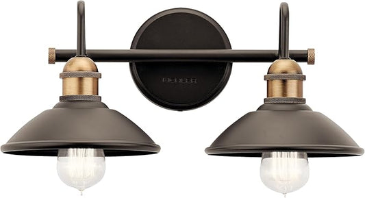 Kichler Clyde 2-Light Bathroom Vanity Light Fixture with Vintage Industrial Design in Olde Bronze, Wall Mount Over Mirror Lighting for Bathroom (7.25" x 17" x 8.25"), 45944OZ