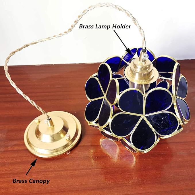 Bieye L10746 Petals Tiffany Style Stained Glass Ceiling Pendant Light with 8-inch Wide Lampshade (Cobalt Blue, 8" Cherry Blossom)