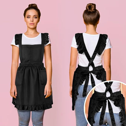 Geyoga Aprons for Women with Pockets Kitchen Cooking Waitress Maid Apron Vintage Skirt Cute Ruffle Dress Costume(Black,Long Style)