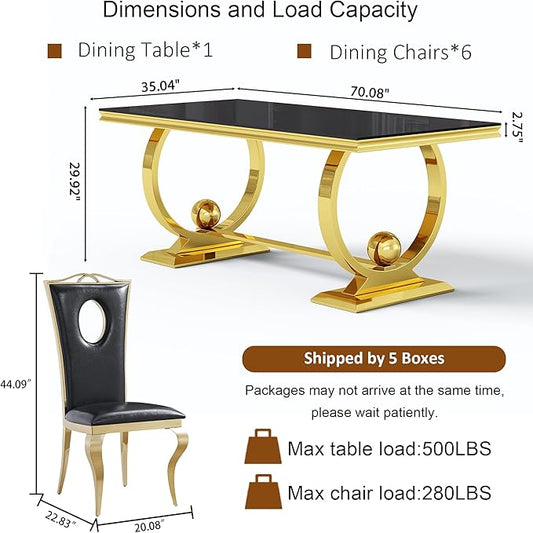 7-Piece Modern Luxury Dining Table Set, 70" Black Tempered Glass Kitchen Table with Gold Polished Stainless Steel U-Shaped Pedestal Base and 6 Black Hollow-Out Design Chairs for Dining Room, Office