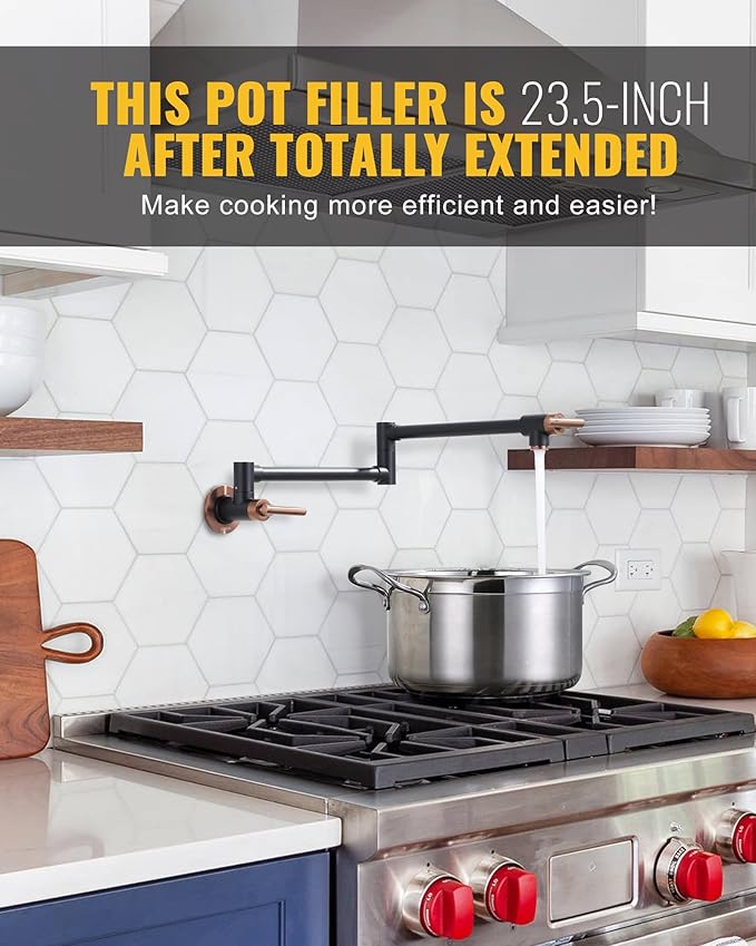 WOWOW Pot Filler Faucet Black and Rose Gold, Brass Pot Filler Wall Mount Kitchen Stove Faucet with Double Joint Swing Arms