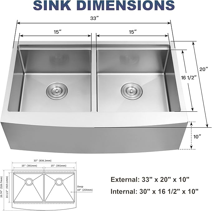 33 Inch Farmhouse Sink for Kitchen, 16 Gauge Stainless Steel Farmhouse Sink Undermount Double Bowl, 50/50 Apron Front Farm Sink, 33"x20"x10" Large Deep Kitchen Sink with Accessories