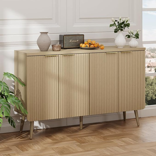 47.2" Modern Fluted Wood Sideboard – 4-Door Buffet Cabinet with Adjustable Shelves, Multi-Space Storage Credenza for Living Room, Dining Room & Entryway, Natual Oak
