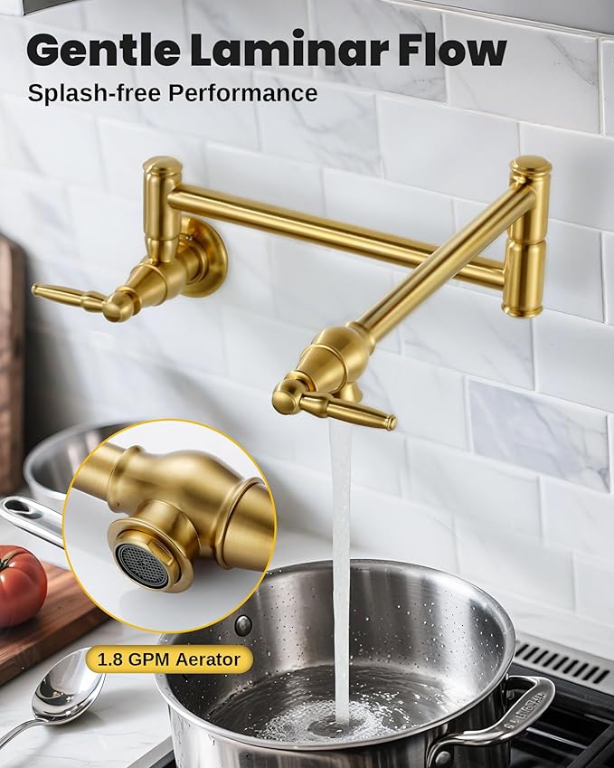 Pot Filler Faucet Brushed Gold: Solid Brass Wall Mount Heavy Duty Stove Pot Filler with Double Joint Swing Arms - Single Hole Commercial Folding Stretchable Faucet 2 Handles for Kitchen Restaurant