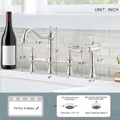 Bridge Kitchen Faucet with Side Sprayer, WOWOW Solid Brass Kitchen Faucet for Sink 4 Hole Polished Nickel Kitchen Sink Faucet, Two Handle 8 Inch Centerset Bridge Faucet