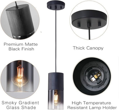 3-Pack Black Pendant Light Fixtures, Adjustable Modern Pendant Lights for Kitchen Island, Industrial Glass Pendant Lights for Dining Table Hallway Bedroom Living Room