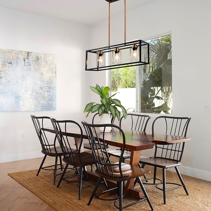 Black Farmhouse Kitchen Island Lighting, Modern Industrial Chandelier, 3-Light Linear Rectangular Pendant Light Fixtures for Farmhouse Kitchen Dining Room Bar Foyer(Metal, Height Adjustable)