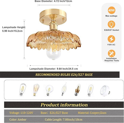 Shenmoyl Semi Flush Mount Vintage Lights Fixture with Amber Flower Glass, Bulb Included, 4.72" Base Modern Ceiling Light for Porch, Kitchen, Bedroom
