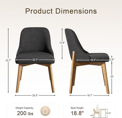 Casaphoria Set of 2 Upholstered Dining Chairs, Dark Grey Fabric Kitchen Chairs with Black Wood Legs, Modern Accent Chairs for Dining Room, Living Room or Kitchen
