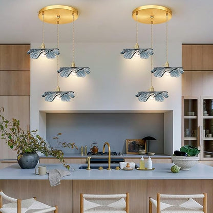3-Cluster Chandelier Blue Glass Ceiling Pendant Light Fixtures Mid Century Adjustable Gold Brass Chandelier Lighting for Dining Room Living Room Kitchen, E26 Base