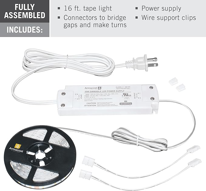 Bryant Electric RU100W tradeSELECT Under Cabinet/Counter Power Distribution Box & Armacost Lighting 421502 Ribbon Flex Home LED Tape Light Kit, 16 ft, AC Dimmable (3000K) 300 LED Lights