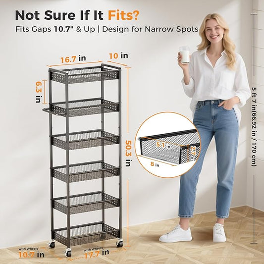 6 Tier Slim Storage Cart with Wheels, 10" D Rolling Storage Cart for Small Space, Metal Narrow Spice Cabinet Mobile Shelving Unit Organizer with Handle for Kitchen, Laundry - Black