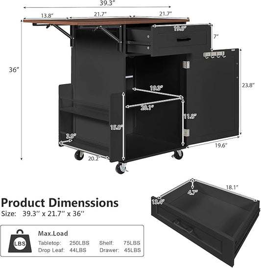 Kitchen Island with Storage, Rolling Kitchen Table on Wheels with Drop Leaf - Open Spice Rack&Towel Rack, Drawer, Cabinet, Adjustable&Removable Shelf, for Kitchen, Dinning Room, Black