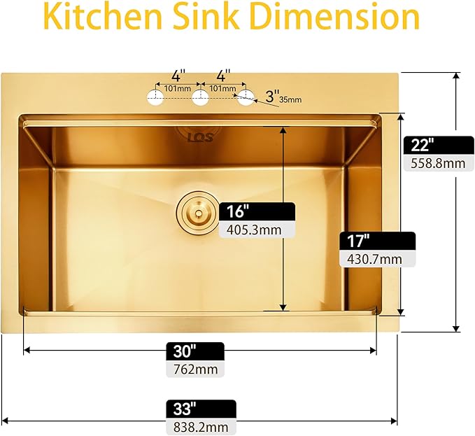 LQS Gold Kitchen Sink 33x22, Gold Drop In Kitchen Sink with 3 Holes, 33 Inch Large Top Mount Stainless Steel Handmade Sturdy 16 Gauge T304 with Abundant Accessories, R10 Round Corner