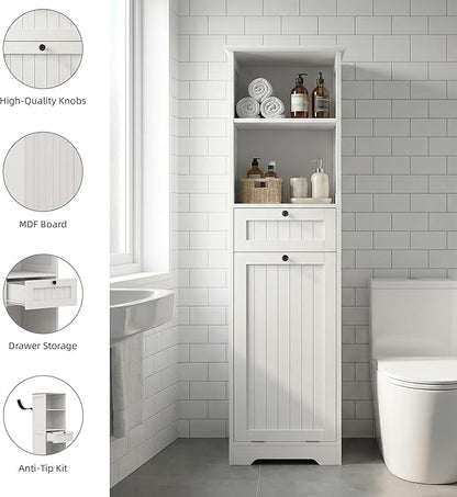 Casaphoria 55 Inch Tall Laundry Sorter Cabinet, Narrow Bathroom Storage Cabinet with Tilt-Out Hamper and Drawer, Freestanding Space-Saving Organizer for Laundry Room, White