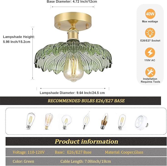 Shenmoyl Semi Flush Mount Vintage Lights Fixture with Green Flower Glass, Bulb Included, 4.72" Base Modern Ceiling Light for Porch, Corridor, Kitchen, Bedroom