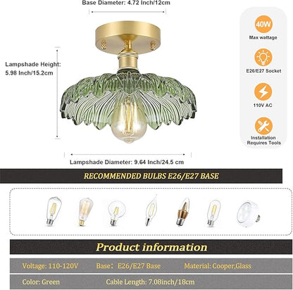 Shenmoyl Semi Flush Mount Vintage Lights Fixture with Green Flower Glass, Bulb Included, 4.72" Base Modern Ceiling Light for Porch, Corridor, Kitchen, Bedroom