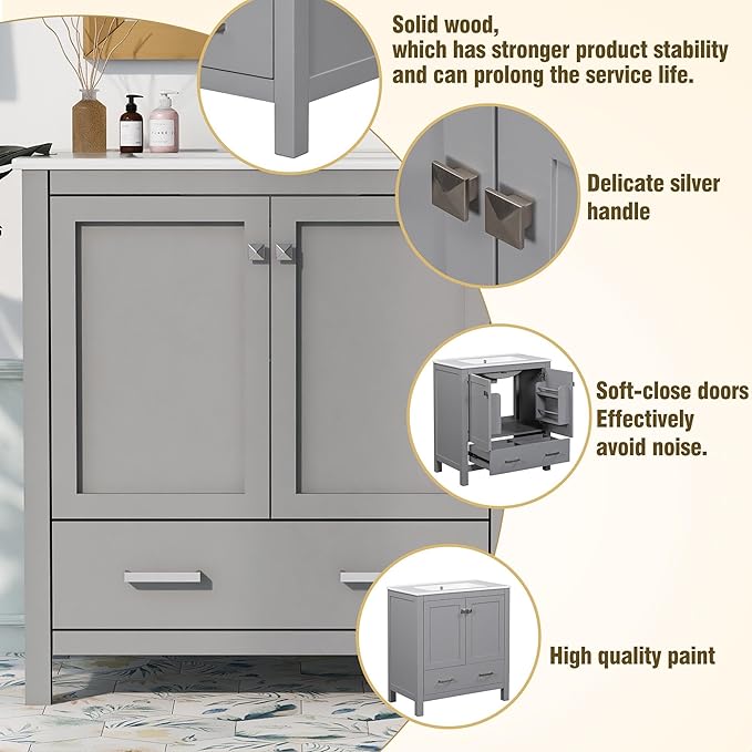 GDFStudio 30" Bathroom Vanity Sink Combo with 1 Drawers & 2 Soft Closing Doors Floor Mount Freestanding Wood Bathroom Storage Cabinet Set with Ceramic Basin Sink Top for Small Bathroom Space, Green