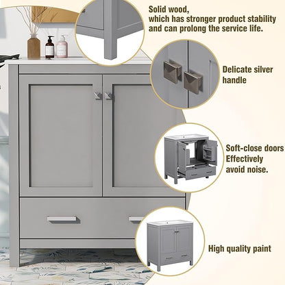 GDFStudio 30" Bathroom Vanity Sink Combo with 1 Drawers & 2 Soft Closing Doors Floor Mount Freestanding Wood Bathroom Storage Cabinet Set with Ceramic Basin Sink Top for Small Bathroom Space, Green