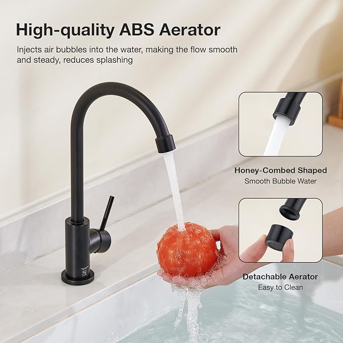 CREA Cold Water Only Matte Black Faucet for Kitchen Bar Outdoor Sink 1 Hole 3Holes(with Deck Plate)，High Arc 360°Swivle Single Handle Cold Water Tap 304 Stainless Steel
