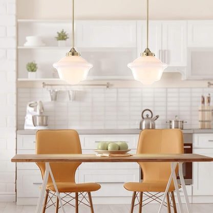 JONATHAN Y 9.5" Brass Gold/White Modern Schoolhouse LED Pendant Light Fixture, Adjustable Drop Metal Hanging Lamp with White Glass Shade for Kitchen Island, Dining Room, Foyer (JYL3517A)