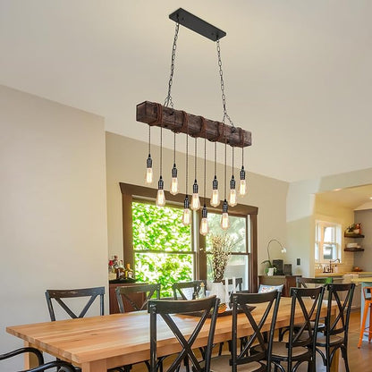 KEESFU 10-Lights Rustic Chandeliers for Dining Room, Farmhouse Wooden Ceiling Pendant Light, Height Adjustable, Rectangle Chandelier for Kitchen Island Dining Room Bar Pool Table Cabin.