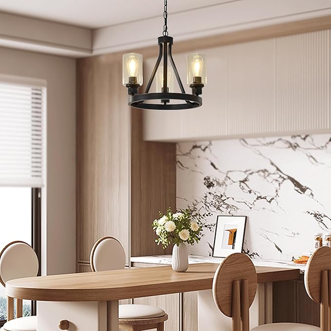 Bronze Chandelier,Farmhouse Chandelier Lighting Round 3 Lights with Glass Shade Ceiling Hanging Vintage Rustic Light Fixture for Dining Room Living Room Foyer Porch Kitchen Island