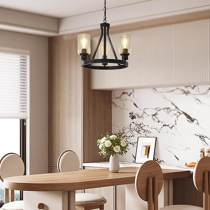 Bronze Chandelier,Farmhouse Chandelier Lighting Round 3 Lights with Glass Shade Ceiling Hanging Vintage Rustic Light Fixture for Dining Room Living Room Foyer Porch Kitchen Island
