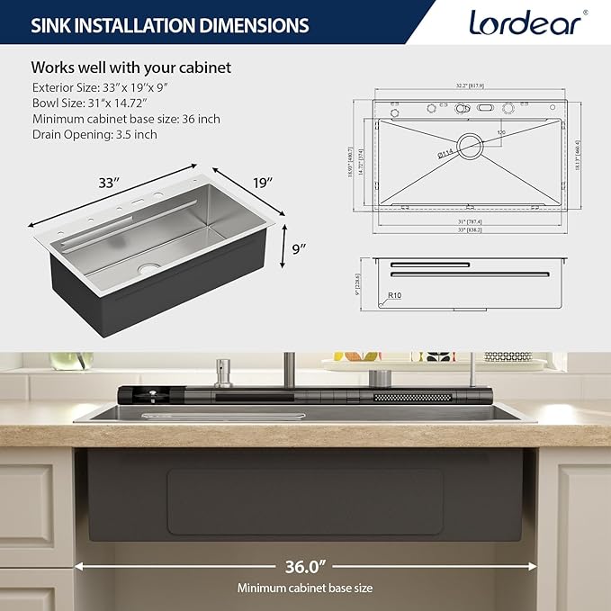 Lordear Drop In Kitchen Sink, 33 inch Waterfall Sink 16 Gauge Stainless Steel, Above Counter Smart Kitchen Sinks, Single Bowl with Integrated Faucet for High-Efficiency Cleaning