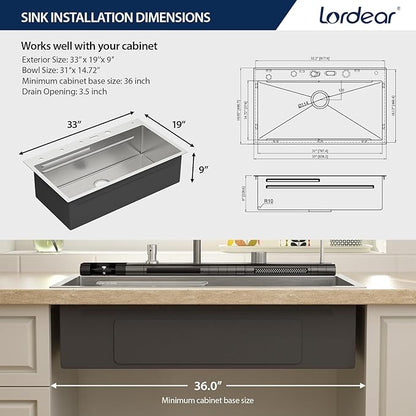 Lordear Drop In Kitchen Sink, 33 inch Waterfall Sink 16 Gauge Stainless Steel, Above Counter Smart Kitchen Sinks, Single Bowl with Integrated Faucet for High-Efficiency Cleaning