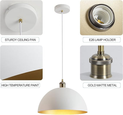 White and Gold Chandelier: 13.7 Inch Retro Farmhouse Style Dome Pendant Light for Kitchen Island, Bedroom, Dining Room, Living Room, and Corridor