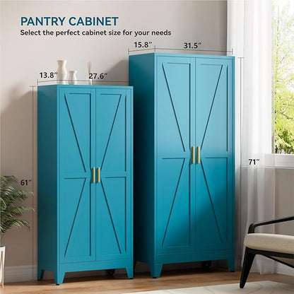 Farmhouse Pantry Cabinet with Barn Doors,61" H x 27.5" W,Metal Cabinet with Adjustable Shelves,4-Tier Storage Cabinet for Kitchen Dining Room Garage,Blue 1 Pack