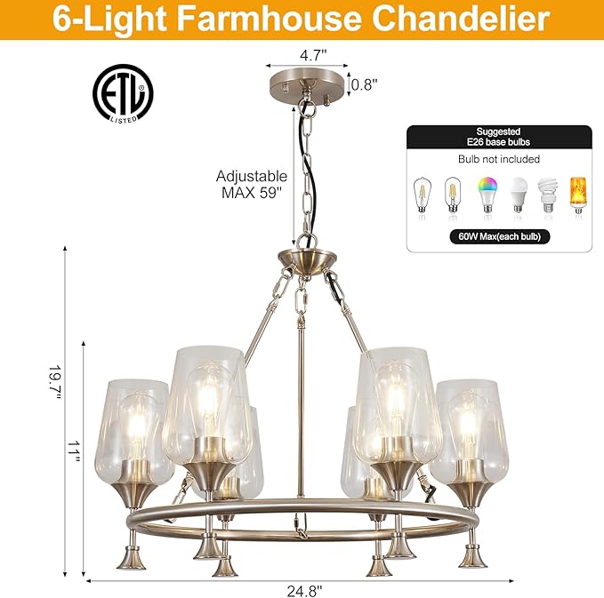 Modern Chandelier for Dining Room (25inch, 6-Light), Brushed Nickel Dining Room Light Fixture Over Table with Clear Glass Shade, Industrial Hanging Pendant Lights Fixture for Kitchen Island Entryway