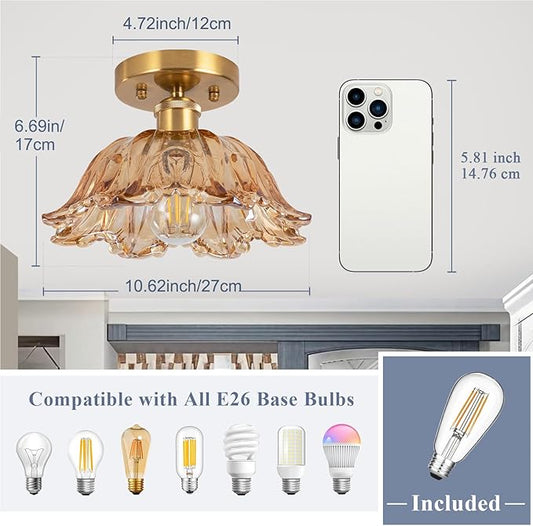 Semi Flush Mount Ceiling Light,Vintage Lights Fixture Ceiling E26 Base，Amber Shade Glass Hallway Light Fixture for Porch Kitchen Bedroom, Bulb Included