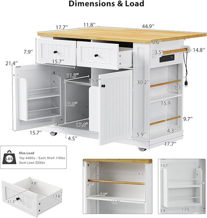Ball & Cast 48" Large Kitchen Island with Power Outlet and Adjustable Shelf,Rolling Kitchen Cart on 5 Wheels W/Drop Leaf & 5 Open Side Racks,Kitchen Storage Cart for Dining Room,White,48"
