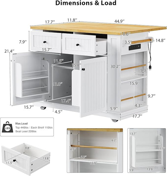 Ball & Cast 48" Large Kitchen Island with Power Outlet and Adjustable Shelf,Rolling Kitchen Cart on 5 Wheels W/Drop Leaf & 5 Open Side Racks,Kitchen Storage Cart for Dining Room,White,48"