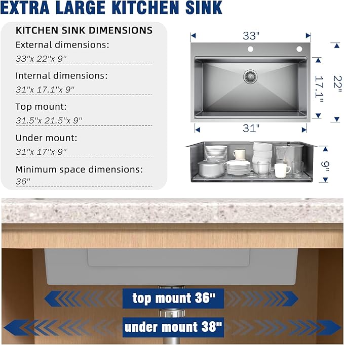 33-inch Undermount Kitchen Sink Workstation - 33x22 Inch Drop In Sink Workstation T304 18 Gauge Stainless Steel Single Bowl Kitchen Sinks with Accessories, Handmade Basin, 9 Inch Deep