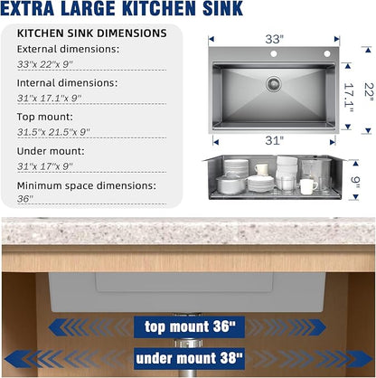 33-inch Undermount Kitchen Sink Workstation - 33x22 Inch Drop In Sink Workstation T304 18 Gauge Stainless Steel Single Bowl Kitchen Sinks with Accessories, Handmade Basin, 9 Inch Deep