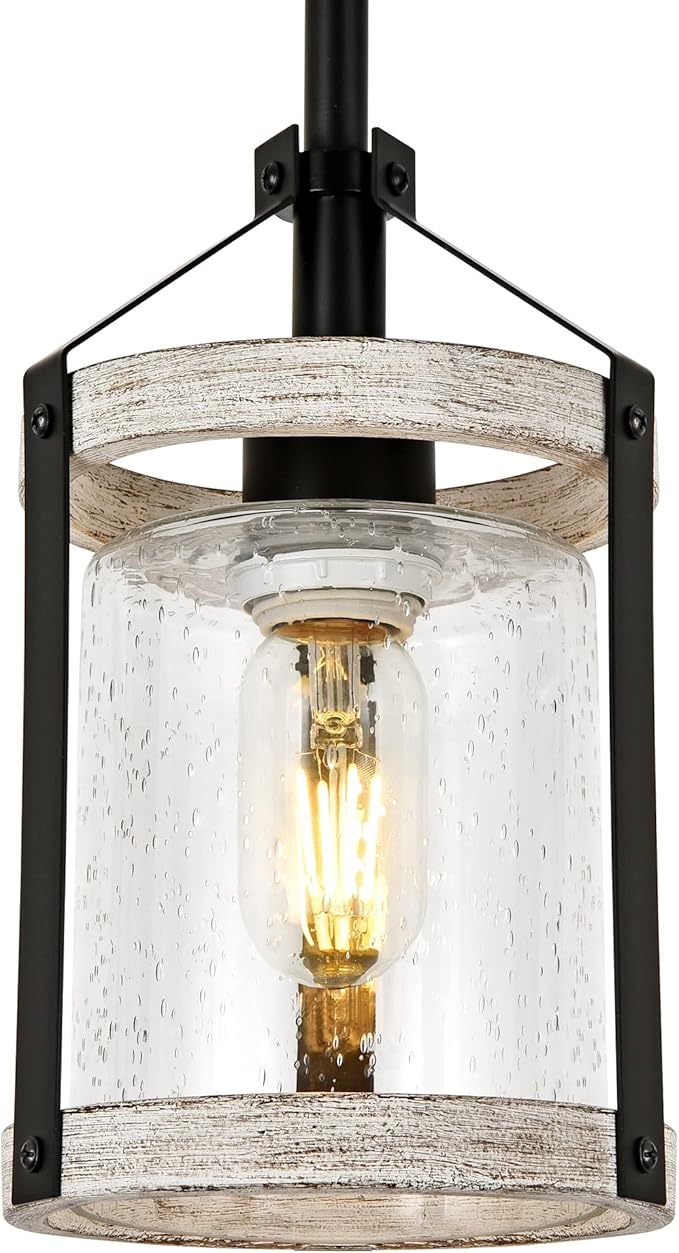 Farmhouse Pendant Light, Seeded Glass Kitchen Light with Metal Cage, Rustic Hanging Pendant Lighting Fixture with Distressed Wood Finish, Modern Farmhouse Island Light for Dining Room, Foyer