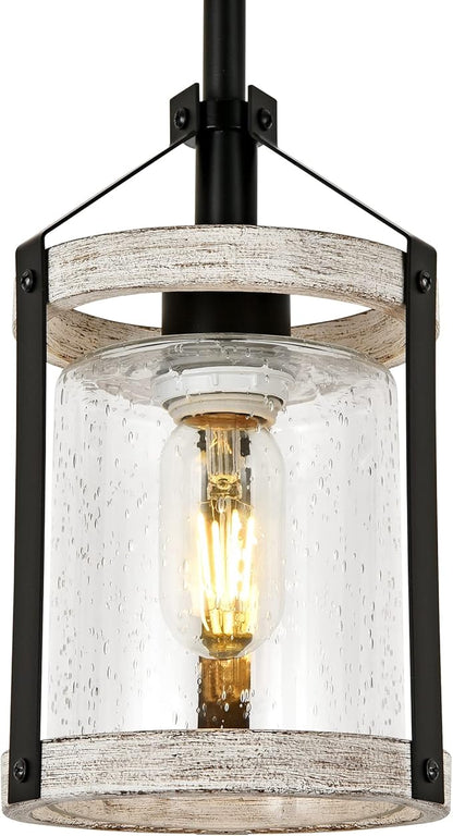 Farmhouse Pendant Light, Seeded Glass Kitchen Light with Metal Cage, Rustic Hanging Pendant Lighting Fixture with Distressed Wood Finish, Modern Farmhouse Island Light for Dining Room, Foyer