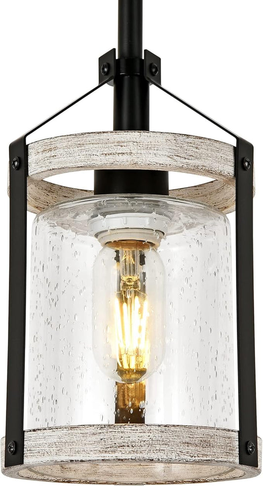 Farmhouse Pendant Light, Seeded Glass Kitchen Light with Metal Cage, Rustic Hanging Pendant Lighting Fixture with Distressed Wood Finish, Modern Farmhouse Island Light for Dining Room, Foyer