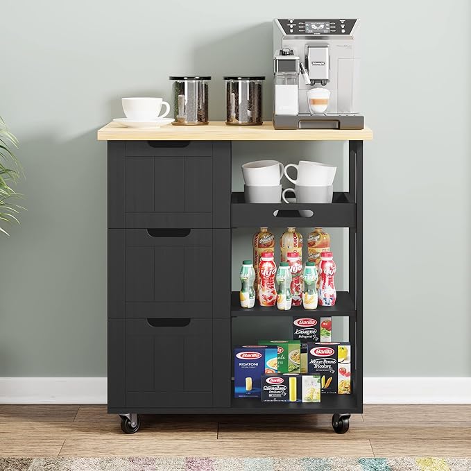 Shintenchi Kitchen Island Cart with Storage,Rolling Kitchen Island Storage Cabinet,Side Table on Wheels with Worktop,3 Open Shelves and 3 Drawers for Kitchen,Dinning Room, Black
