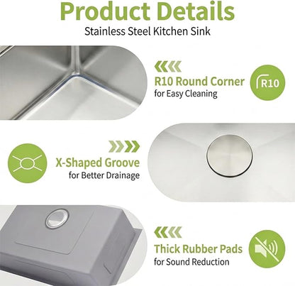 Undermount Kitchen Sink 30 X 18 inch,Single Bowl 16 Gauge Stainless Steel Undermount Kitchen Sinks
