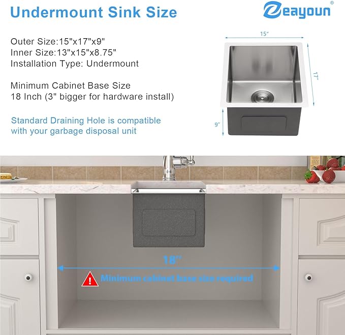 15 x 17 Inch Undermount Bar Sink 16 Gague Stainless Steel Handmade Kitchen Sink Single Bowl Small Wet Prep RV KitchenSinks Basin (Not Included Roll-up Drying Rack and Bottom Grid)