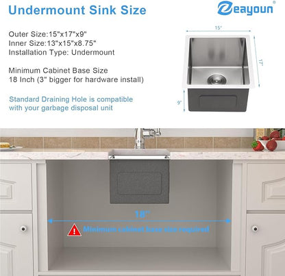 15 x 17 Inch Undermount Bar Sink 16 Gague Stainless Steel Handmade Kitchen Sink Single Bowl Small Wet Prep RV KitchenSinks Basin (Not Included Roll-up Drying Rack and Bottom Grid)
