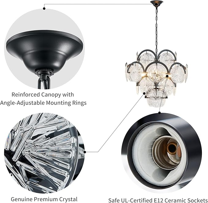 WUZUPS 6-Light Round Crystal Chandelier Pendant Ceiling Light Modern Lighting Fixture for Bedroom Hallway Bar Kitchen Bathroom, H 17.3" W 22.8", E12 Base, Black