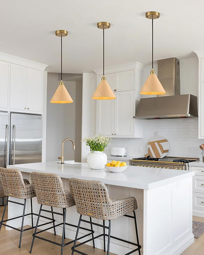 3 Pack Pendant Lights Kitchen Island, 8.3” Modern Pendant Light, Adjustable Height Wood Hanging Light, Kitchen Island Light fixtures for Dining Room, Bedroom, Hallway, Bar(Natural Wood)